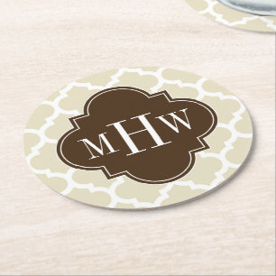 Beige, Wht Moroccan #5 Dk Brown 462c13 3I Monogram Round Paper Coaster