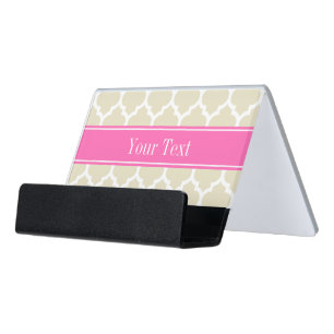 Beige Wht Moroccan #5 Hot Pink #2 Name Monogram Desk Business Card Holder