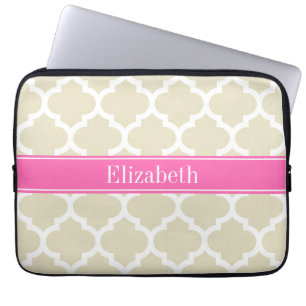 Beige Wht Moroccan #5 Hot Pink #2 Name Monogram Laptop Sleeve