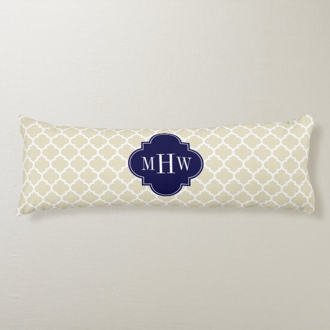 Beige Wht Moroccan #5 Navy Blue 3 Initial Monogram Body Pillow (Front)