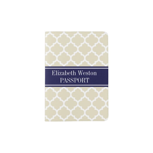 Beige Wht Moroccan #5 Navy Blue Name Monogram Passport Holder (Front)