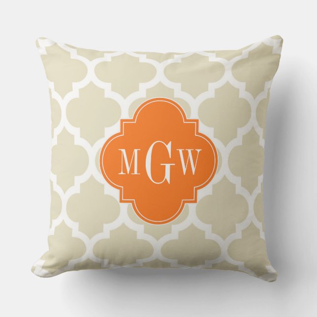 Beige, Wht Moroccan #5 Pumpkin 3 Initial Monogram Throw Pillow (Front)
