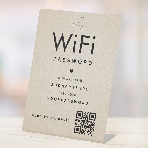 Beige WiFi Password Code Company Logo QR Code Pedestal Sign