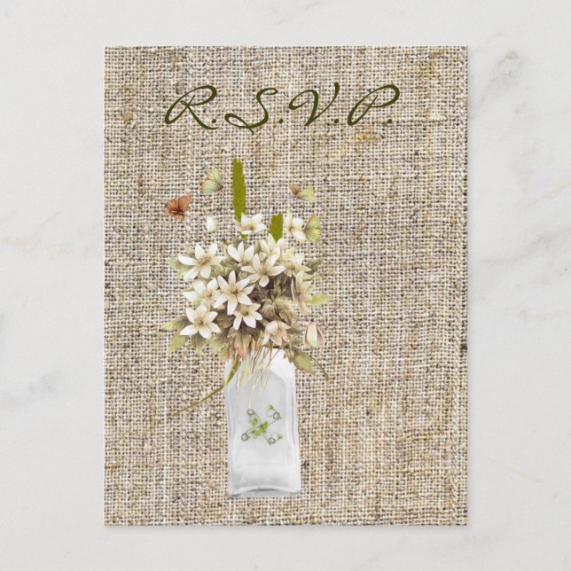 beige wildflower bohemian burlap hippie wedding invitation postcard (Front)