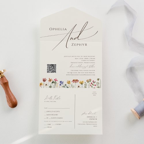 Beige Wildflower  Casual QR Code Seal And Send All In One Invitation