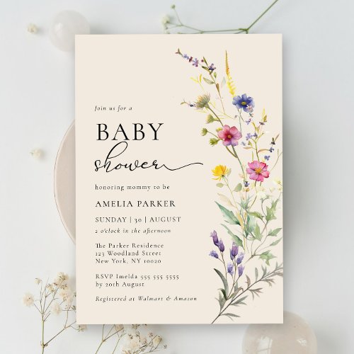 Beige Wildflower Spring Floral Baby Shower Invitation