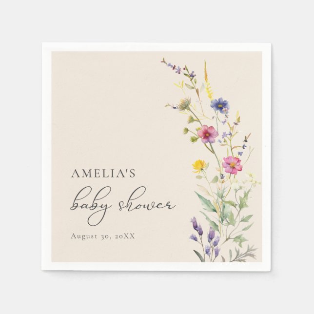 Beige Wildflower Spring Floral Baby Shower Napkins (Front)