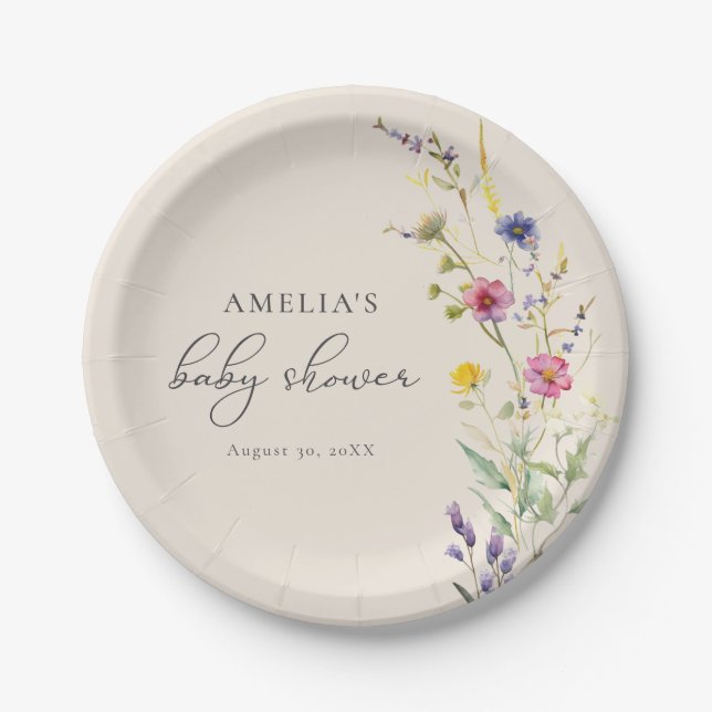 Beige Wildflower Spring Floral Baby Shower Paper Plates (Front)