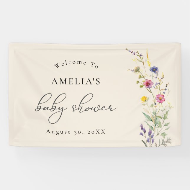 Beige Wildflower Spring Floral Baby Shower Welcome Banner (Horizontal)