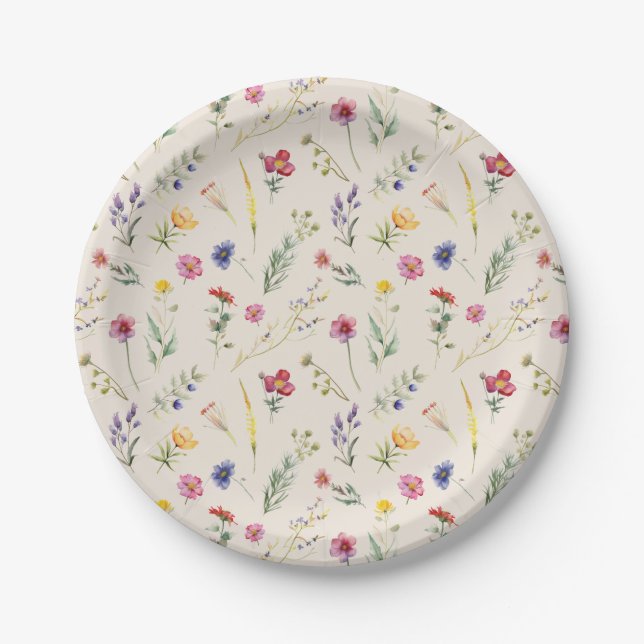 Beige Wildflower Spring Floral Paper Plates (Front)