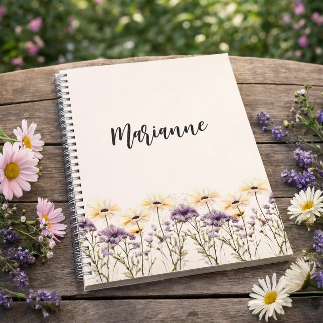 Beige wildflowers yellow custom name script notebook (Creator Uploaded)
