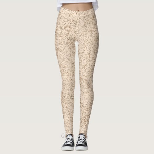 Beige with Brown Floral Lace Pattern Leggings