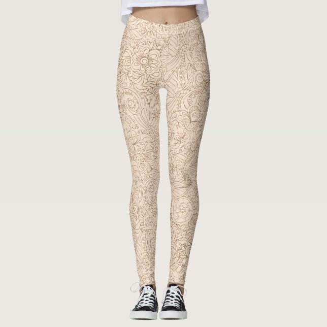 Beige with Brown Floral Lace Pattern Leggings (Front)