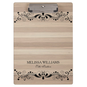 Beige Wood Texture With Vintage Black Floral Lace Clipboard