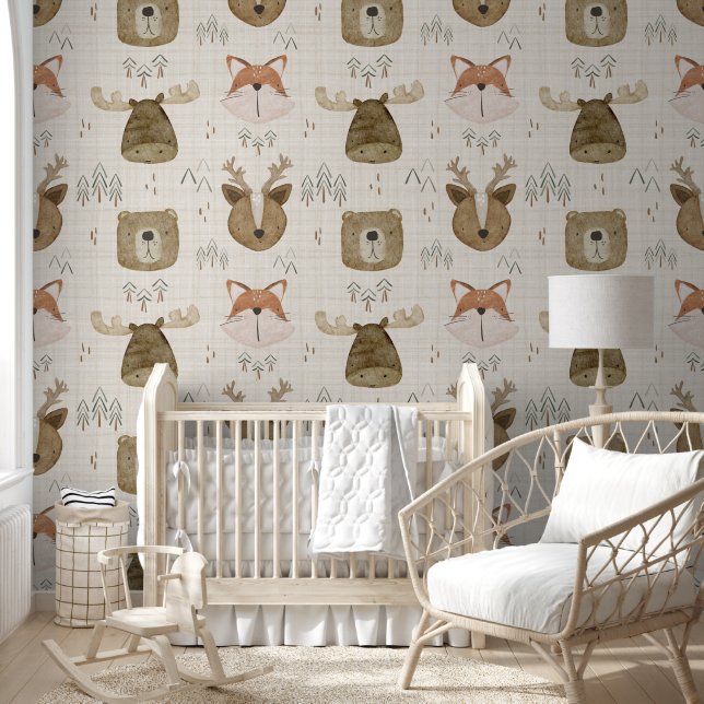 Beige Woodland Animal Wallpaper Wallpaper (Kids)