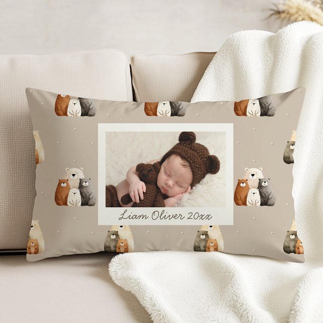 Beige Woodland Bears Pattern Custom Photo Nursery Accent Pillow (Creator Uploaded)