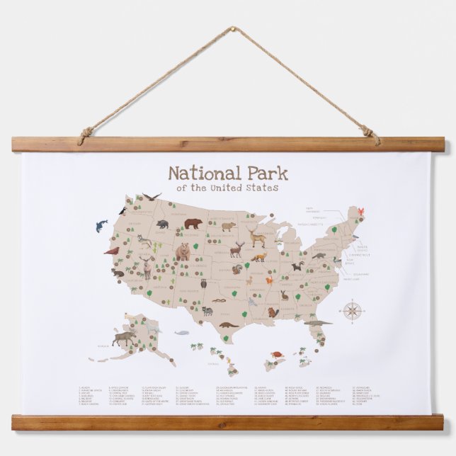 Beige Woodland National Parks Map Nursery Decor Hanging Tapestry (Front)