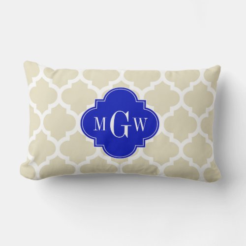 Beige Wt Moroccan 5 Royal Blue 3 Initial Monogram Lumbar Pillow