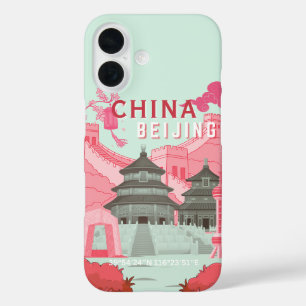 Beijing China Travel Poster Mint Green, Pink Art iPhone 16 Case