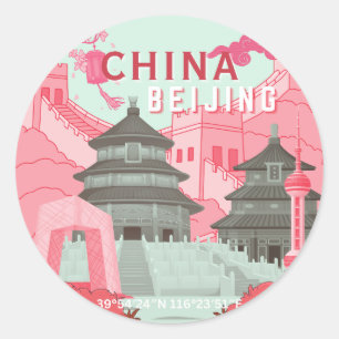 Beijing China Travel Poster   Mint Green, Pink Art Classic Round Sticker
