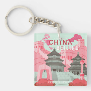Beijing China Travel Poster Mint Green, Pink Art Keychain