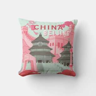 Beijing China Travel Poster Mint Green, Pink Art Throw Pillow