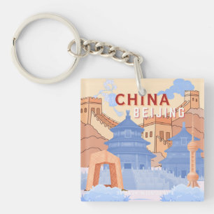 Beijing China Travel Poster Pastel Blue & Peach Keychain
