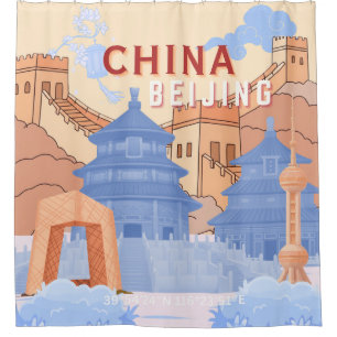 Beijing China Travel Poster   Pastel Blue & Peach Shower Curtain