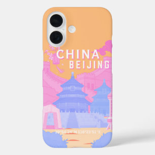 Beijing China Travel Poster Pink & Blue Pastel iPhone 16 Case