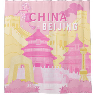 Beijing China Travel Poster   Pink & Yellow Art Shower Curtain