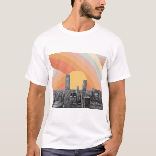 Beijing City Skyscrapers Rainbow Sky T_Shirt