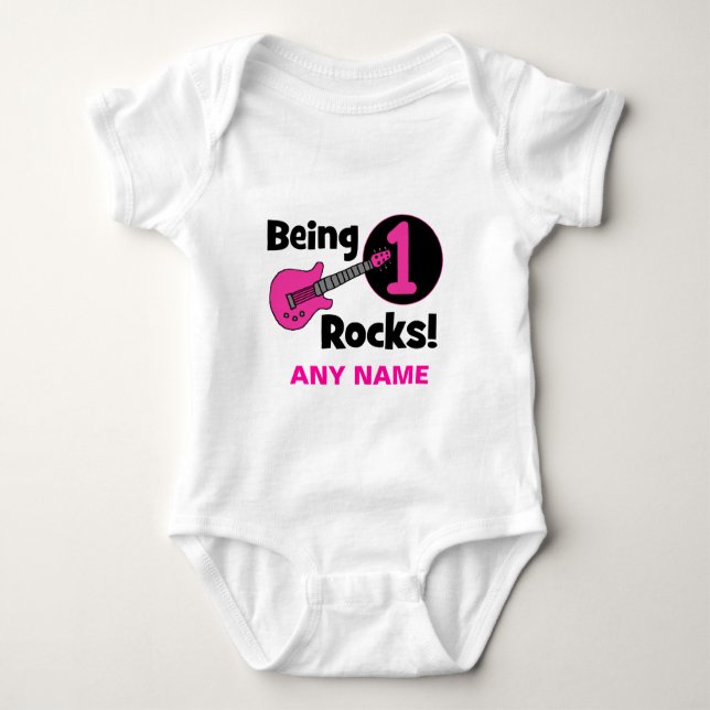 Being 1 Rocks! with Pink Guitar Baby Bodysuit (Front)