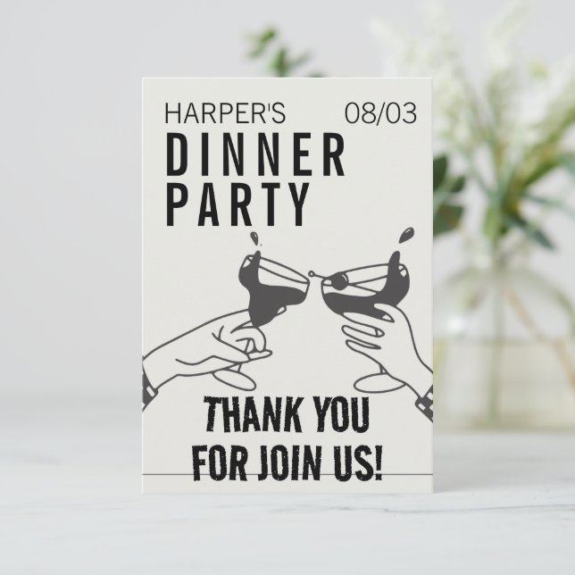 Being and Black Retro Illustration Dinner Party Thank You Card (Standing Front)