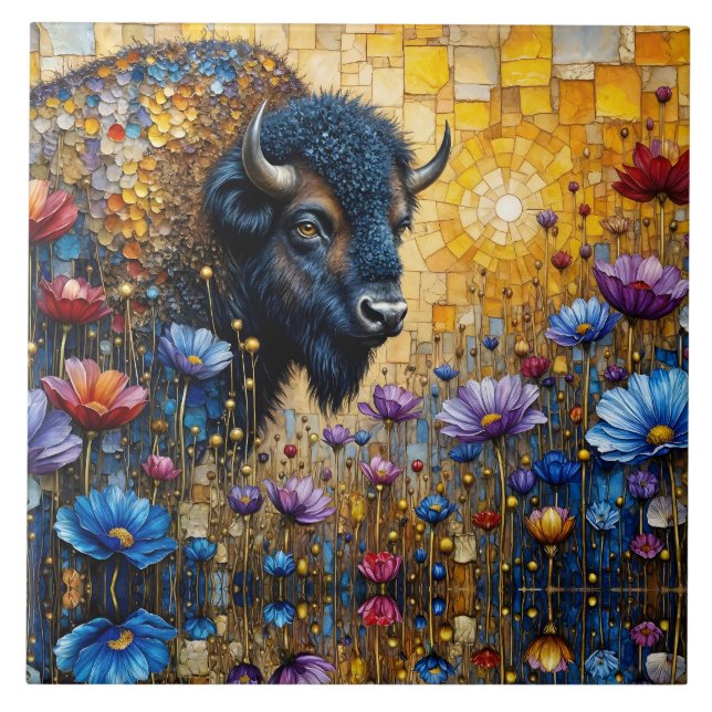 Bejeweled American Bison in Flowers Ceramic Tile (Front)
