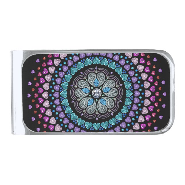 Bejeweled Diamond Heart Explosion Silver Finish Money Clip (Front)