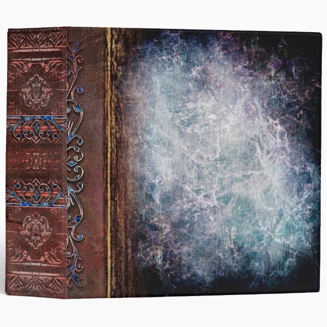 Bejeweled Faux Blue and Brown Aged Leather 3 Ring Binder (Front/Spine)