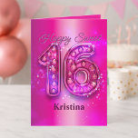 Bejeweled Fuchsia 16th Birthday Sparkle Glamour Card<br><div class="desc">Shine a spotlight on her Sweet Sixteen with this vibrant fuchsia card, featuring a dazzling, bejeweled "16" that truly pops against a beautiful gradient background. "Happy Sweet" flows elegantly above, with a customizable name displayed below, making every card uniquely hers. The inside offers ample space for a personalized message, ensuring...</div>