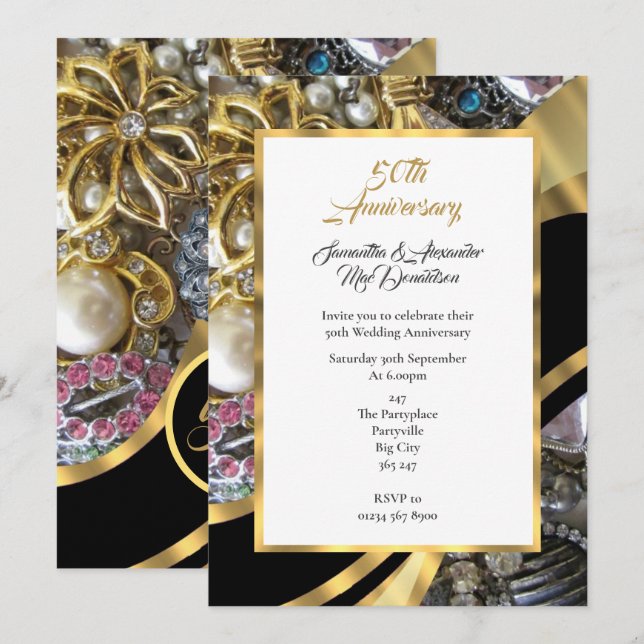 Bejeweled golden wedding anniversary invitation (Front/Back)