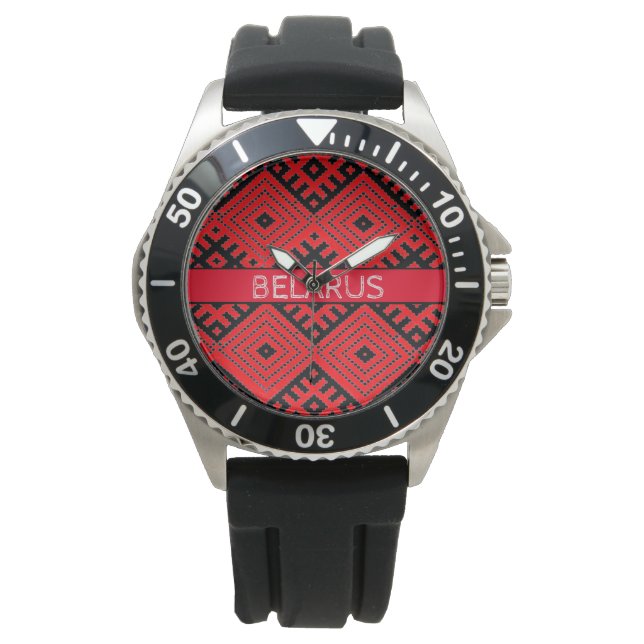 Belarus Беларусь Folk Pattern Вышиванка Red Black Watch (Front)