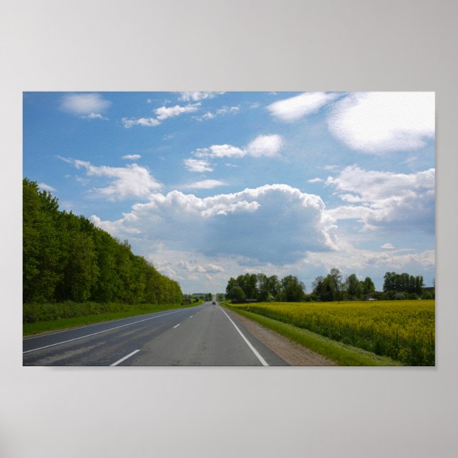 Belarus Road Canola Fields Flowers Sky Poster (Front)