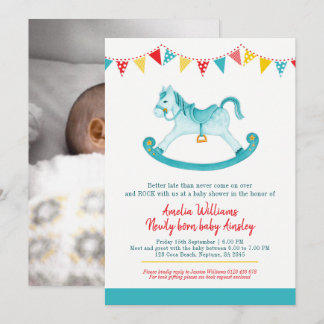 Belated Baby shower aqua rocking horse met baby Invitation