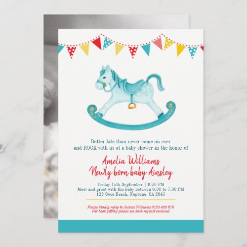 Belated Baby shower aqua rocking horse met baby  Invitation