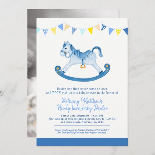 Belated Baby shower blue rocking horse met baby Invitation