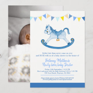 Belated Baby shower blue rocking horse met baby Invitation