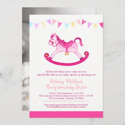 Belated Baby shower pink rocking horse met baby Invitation