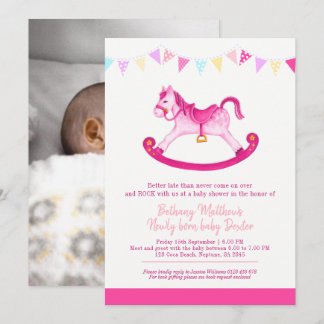 Belated Baby shower pink rocking horse met baby Invitation