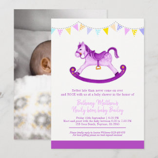Belated Baby shower purple rocking horse met baby Invitation