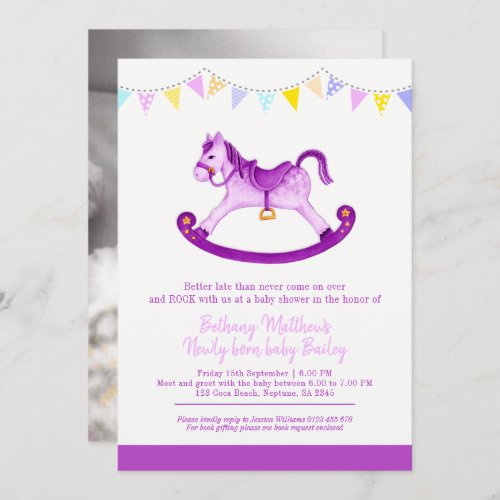 Belated Baby shower purple rocking horse met baby Invitation