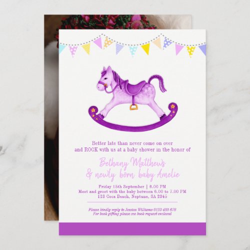 Belated Baby shower rocking horse met baby purple Invitation