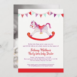 Purple and red baby shower invitation with rocking horse